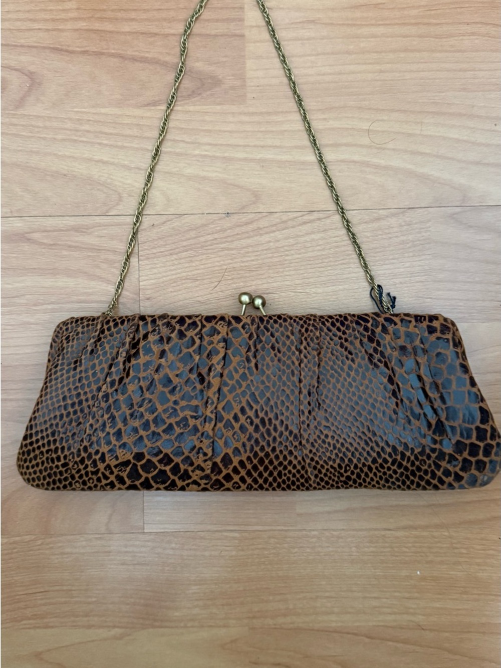 Snake-Print Brown Evening Clutch with Gold Chain Strap